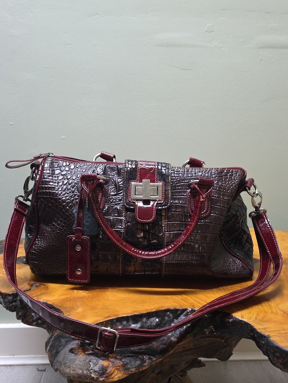 Madi Claire Croc-Embossed Shoulder Satchel in Deep Burgundy